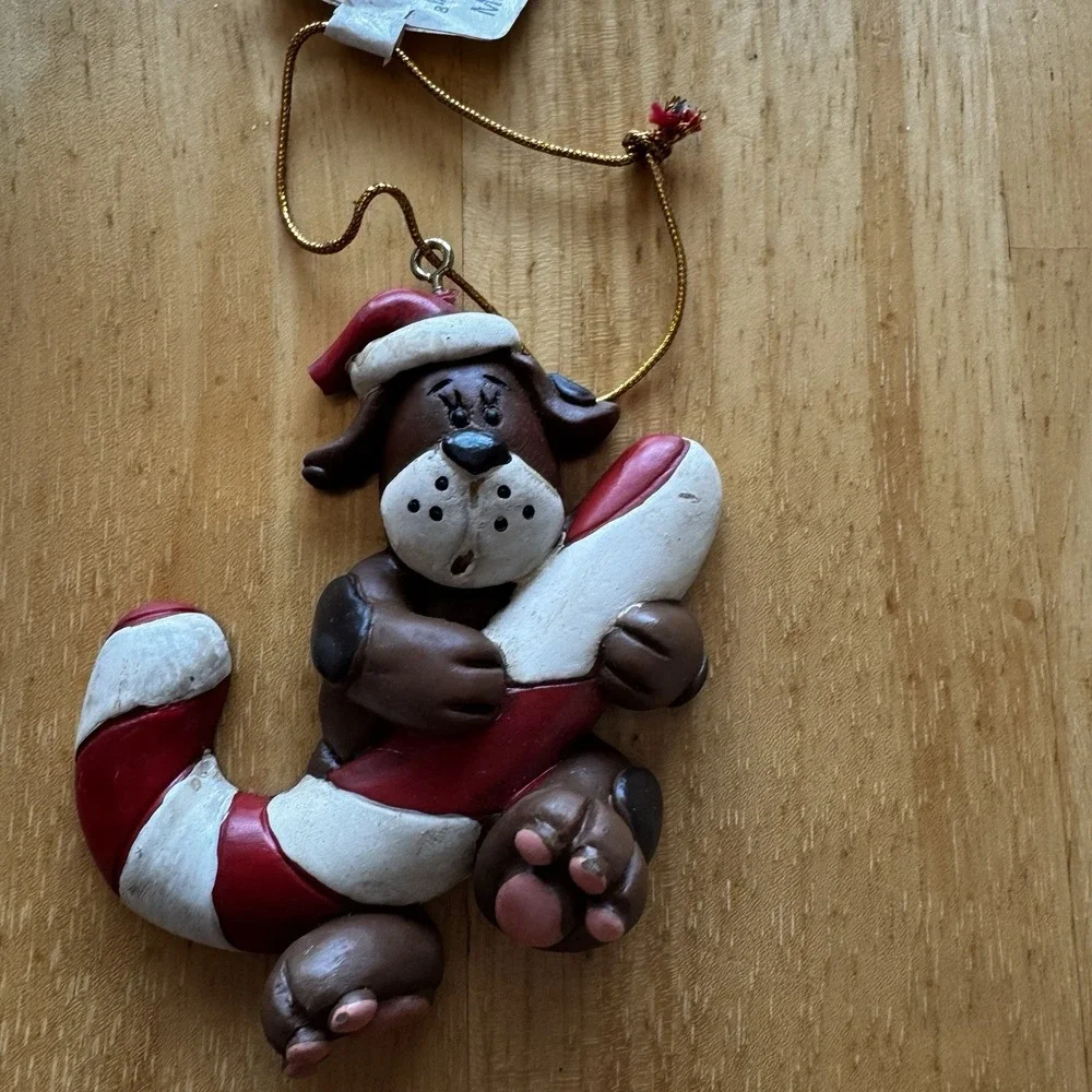 Christmas Ornaments Dog Puppy Lot of 4 Holiday Brown Wrath Candy‎ Cane Resin New